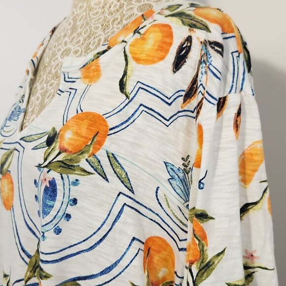 Chico's Women's Size 3/16 Tropical Print Short Sleeve Notched Neck Cotton Tee - Picture 9 of 16